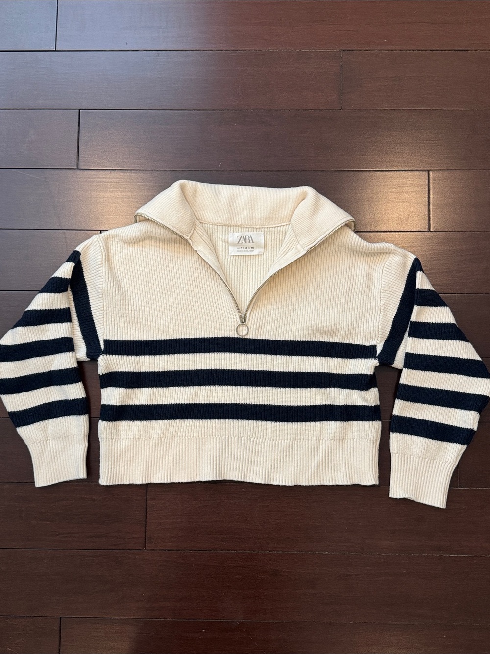 Zara Cream and Navy Striped Quarter-Zip Pullover